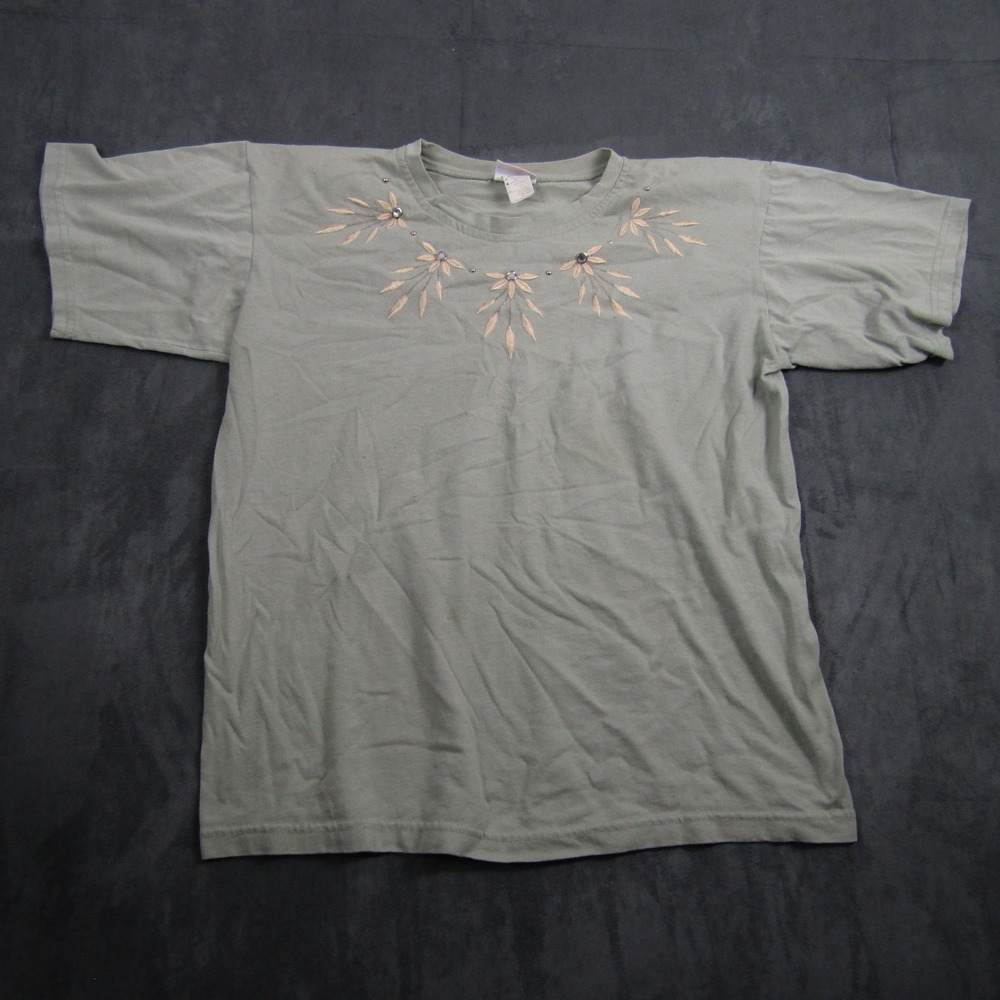 Bobbie Brooks T-Shirt Women Medium Sage Green Embroidered Floral Grannycore